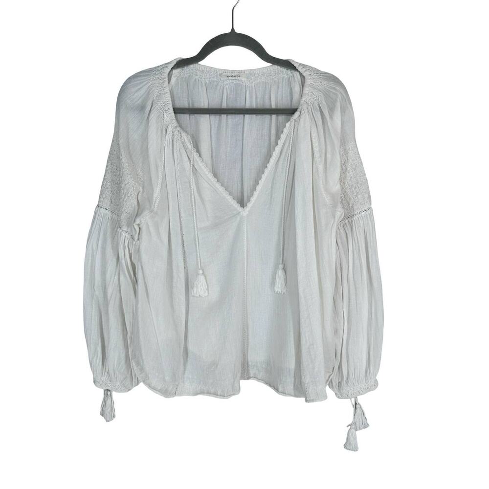 DOEN Source Embroidered Top XS / S Salt White Ivory Blouse Tassel Long Sleeve - Picture 4 of 10
